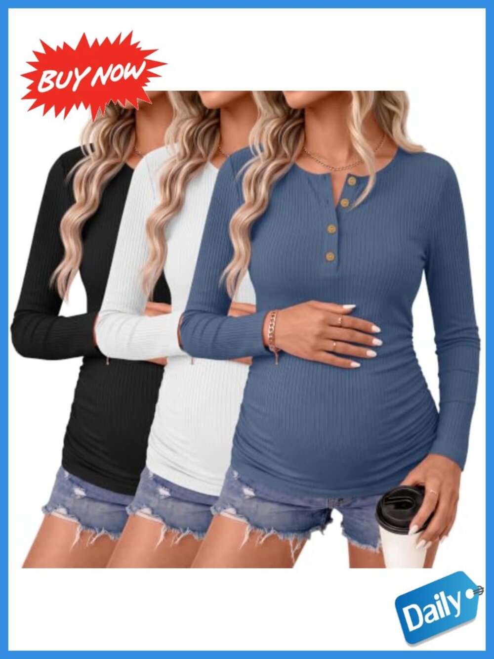 Maternity Long Sleeve Henley Shirts 3 Pack Cotton Blend Pregnancy Tops